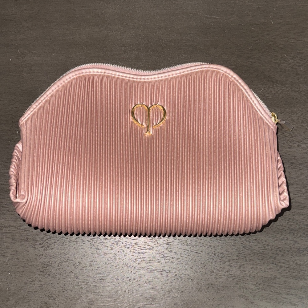 Pink Pleated dé de peau Cosmetic Pouch with Gold  Accent-New